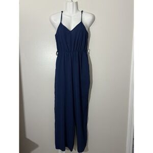 Women's Rose Blue Waist Halter Jumpsuit  Sleeveless Wide Leg Long Size S